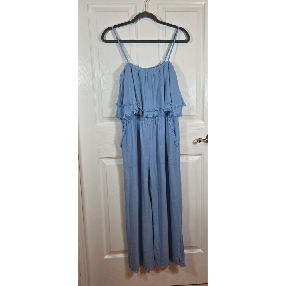 Umgee Womens MEDIUM Dusty Blue Frayed Edge Wide Leg Jumpsuit